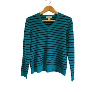 Peck & Peck aqua striped cashmere sweater pullover v-neck Size Lp
